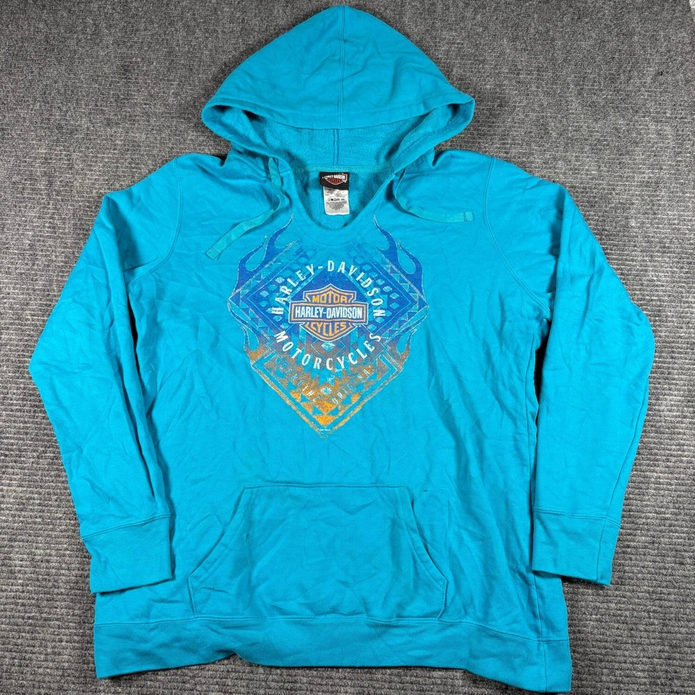 Harley-Davidson Hoodie Womens XL Teal Blue Excellent Graphic Pullover Biker
